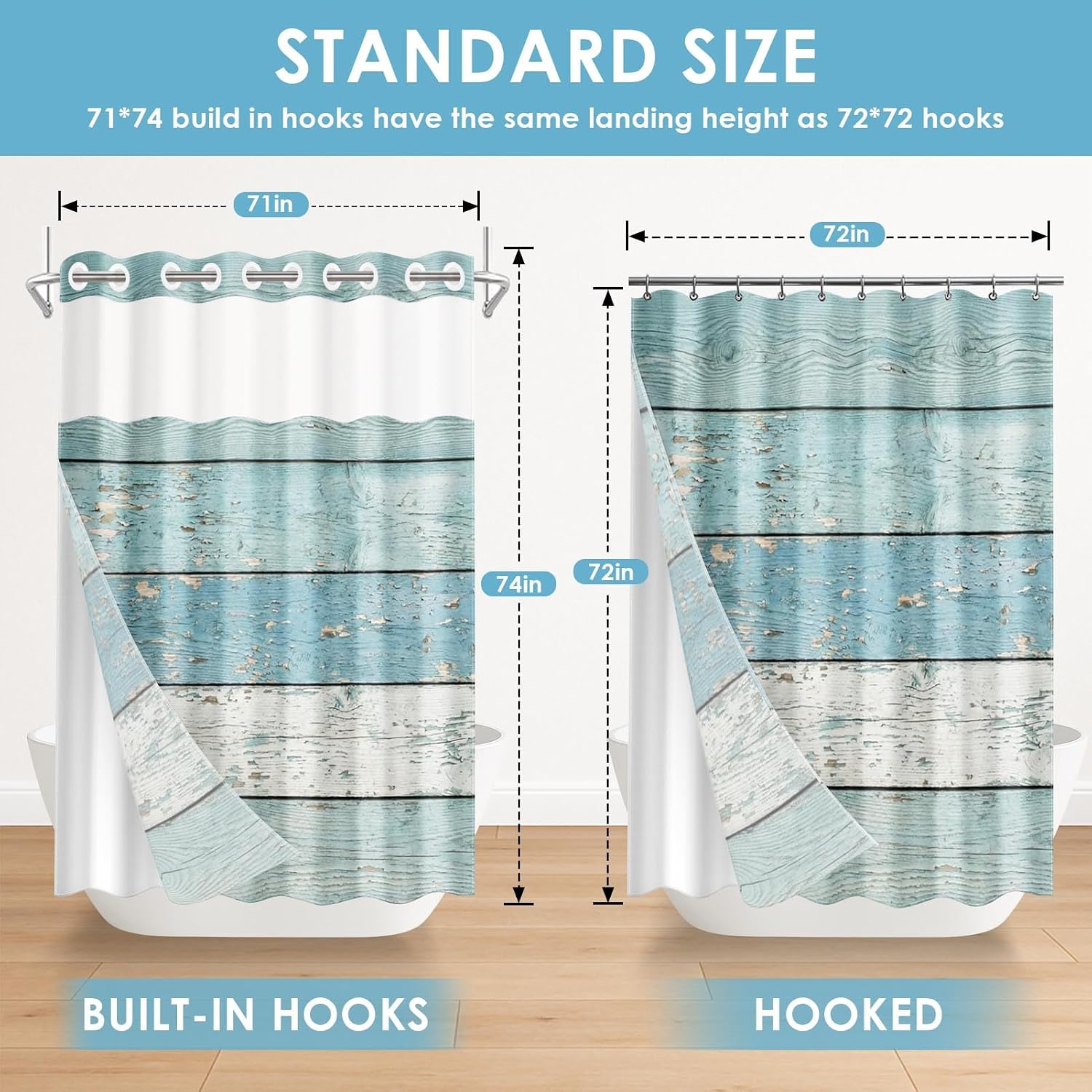 No Hook Rustic Coastal Farmhouse Shower Curtain with Snap in Fabric Liner Set, Vintage Blue Double Layers Waterproof Fabric with See Through Top Window Open Grommet Bath Curtain 71x74 Inch