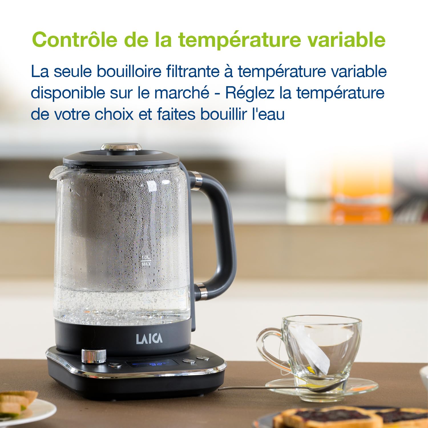 Bouilloire électrique filtrante ISEO de LAICA, capacité de 1 litre avec 7 réglages de température, fonction de maintien au chaud et minuterie + 1 cartouche filtrante pour thé et café Bi-flux, 2.5 kW