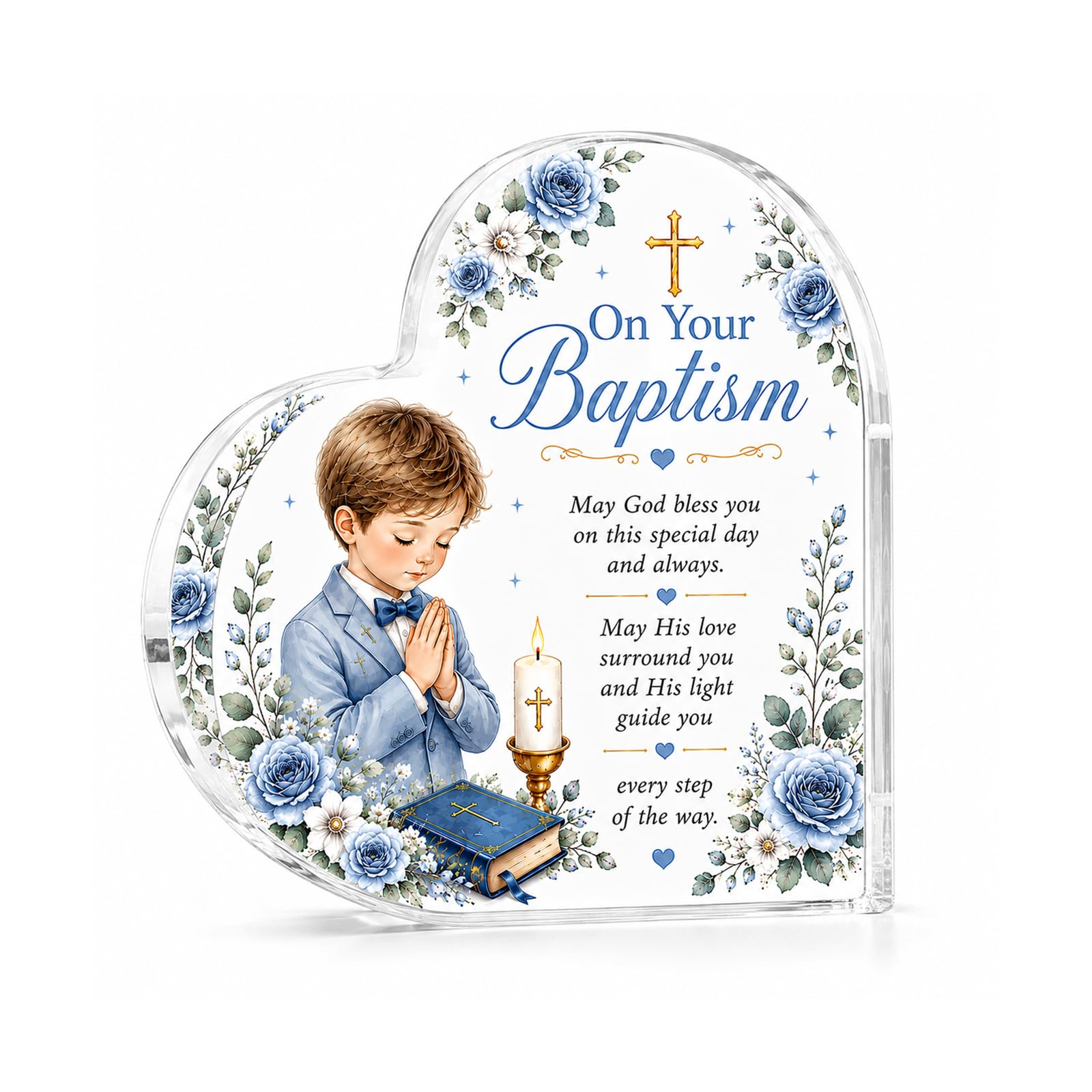 Clear Acrylic Heart Keepsake As Baptism Gifts For Boys, Elegant Baptism Decorations And Christening Decorations For Boys, Freestanding Ornament For Godson Or Baby Boy