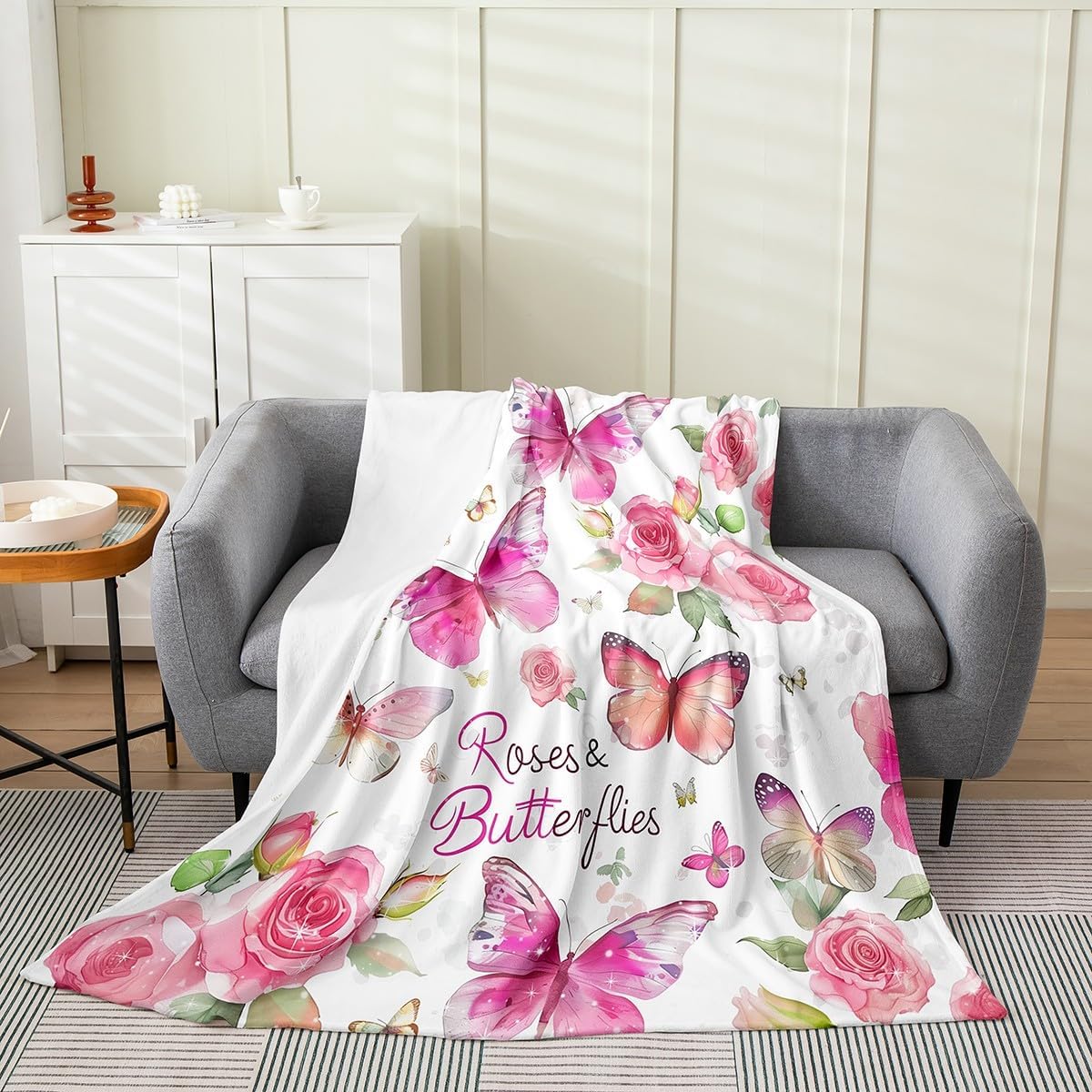 Feelyou Pink Butterfly Flannel Fleece Throw Blanket for Kids Girls Butterflies Print All Season Bed Blanket Queen 90"x90" Groovy Flower Fuzzy Blanket for Sofa Couch Girl Butterfly Floral Plush Blanket