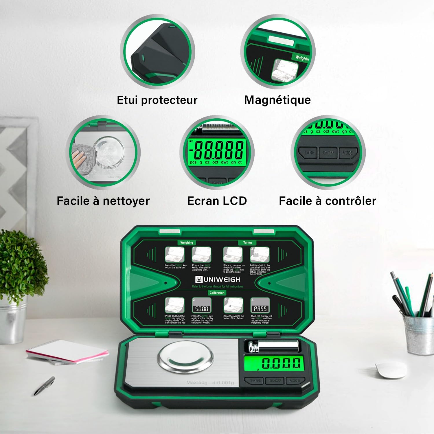 UNIWEIGH Balance de précision 0,001 g/50 g, balance numérique pour bijoux, poudre, pièces de monnaie, or, gemme, rechargement, micro-grammes avec 6 unités, tare, poids cal, balance mg de poche
