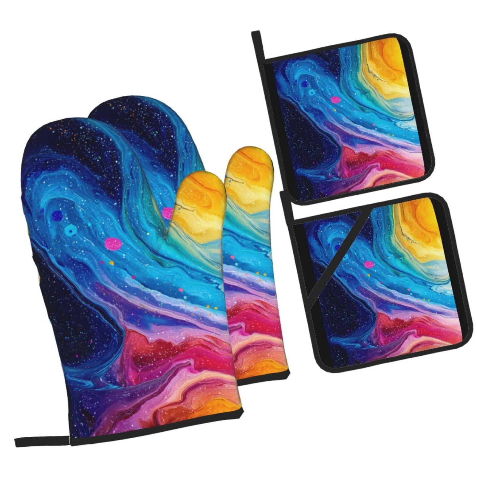 Manoplas Rosa Fucsia Azul Guantes Horno un par y 2 Manteles Aislados, para Cocinar Barbacoa, Parrilla Impermeable, Resistente al Aceite y al Calor