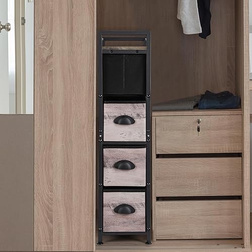 Miniatura 7 de MOOACE Cómoda estrecha, armario de almacenamiento de tela de 4 cajones, torre de almacenamiento vertical con cajones extraíbles y parte superior de
