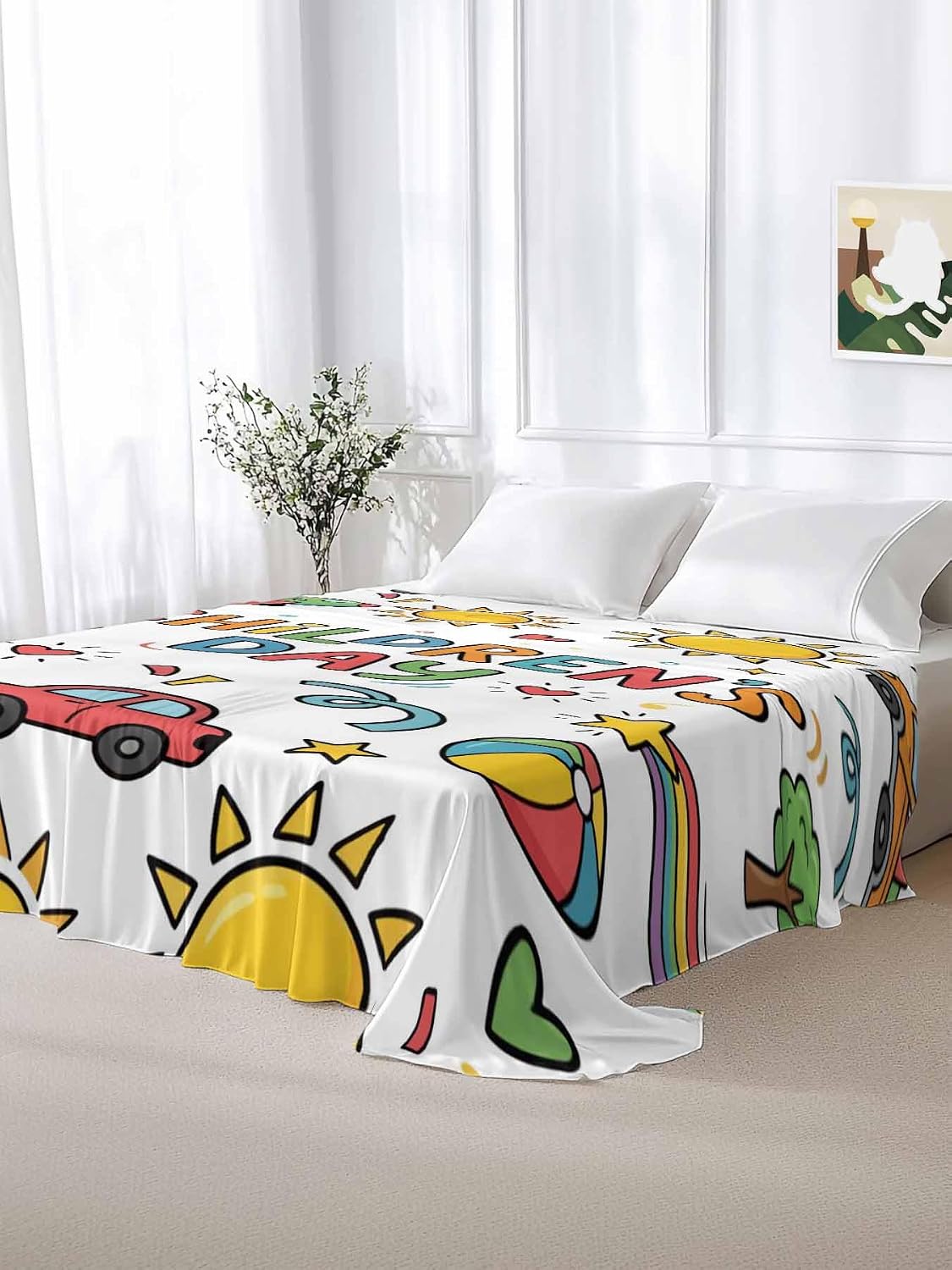 Full Flat Sheet, Children's Day Full Bed Sheets Only, Soft Microfiber Flat Sheet, Car Tree Stars Modern Abstract Art Hotel Quality Bedding Top Sheet Bedroom Home Dorm Decor