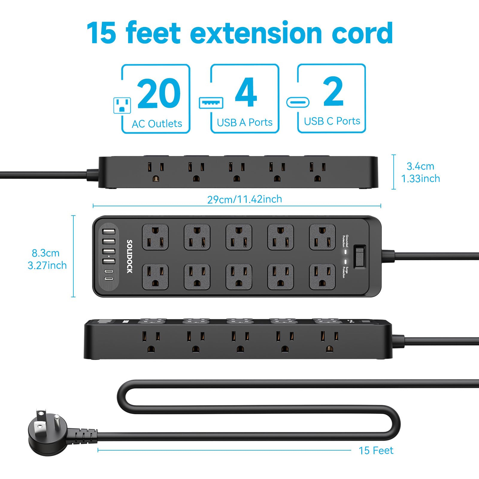 Ciabatta con protezione contro le sovratensioni per spina piatta con 20 prese AC, 6 porte USB, 1875W/15A, 2700J, cavo di prolunga resistente da 4,6 m per la casa