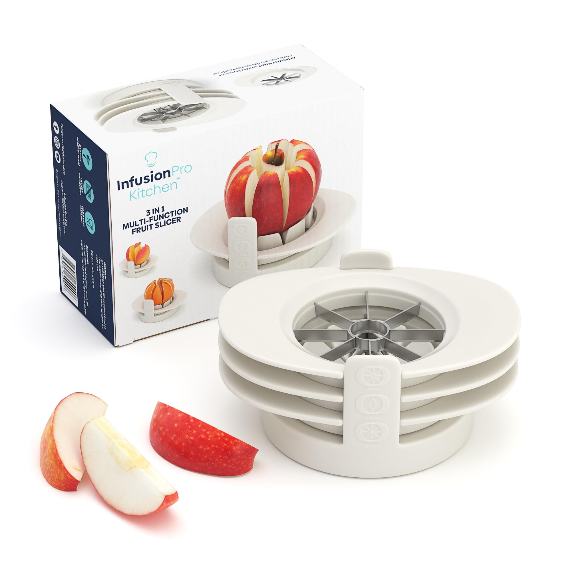 Fruit Slicer Divider, Infusion Pro 3 in 1 Apple Corer Slicer, Citrus Slicer, Mango Cutter Corer, Tomato Wedges Stainless Steel Heavy Duty Fruit & Vegetable Cutter with Base