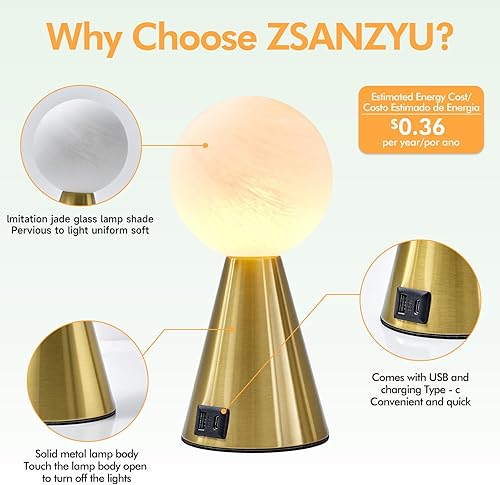 Miniatura 3 de Lámpara de mesa pequeña dorada para dormitorio con puertos USB A+C, modernas lámparas de noche para mesitas de noche, lámparas táctiles regulables
