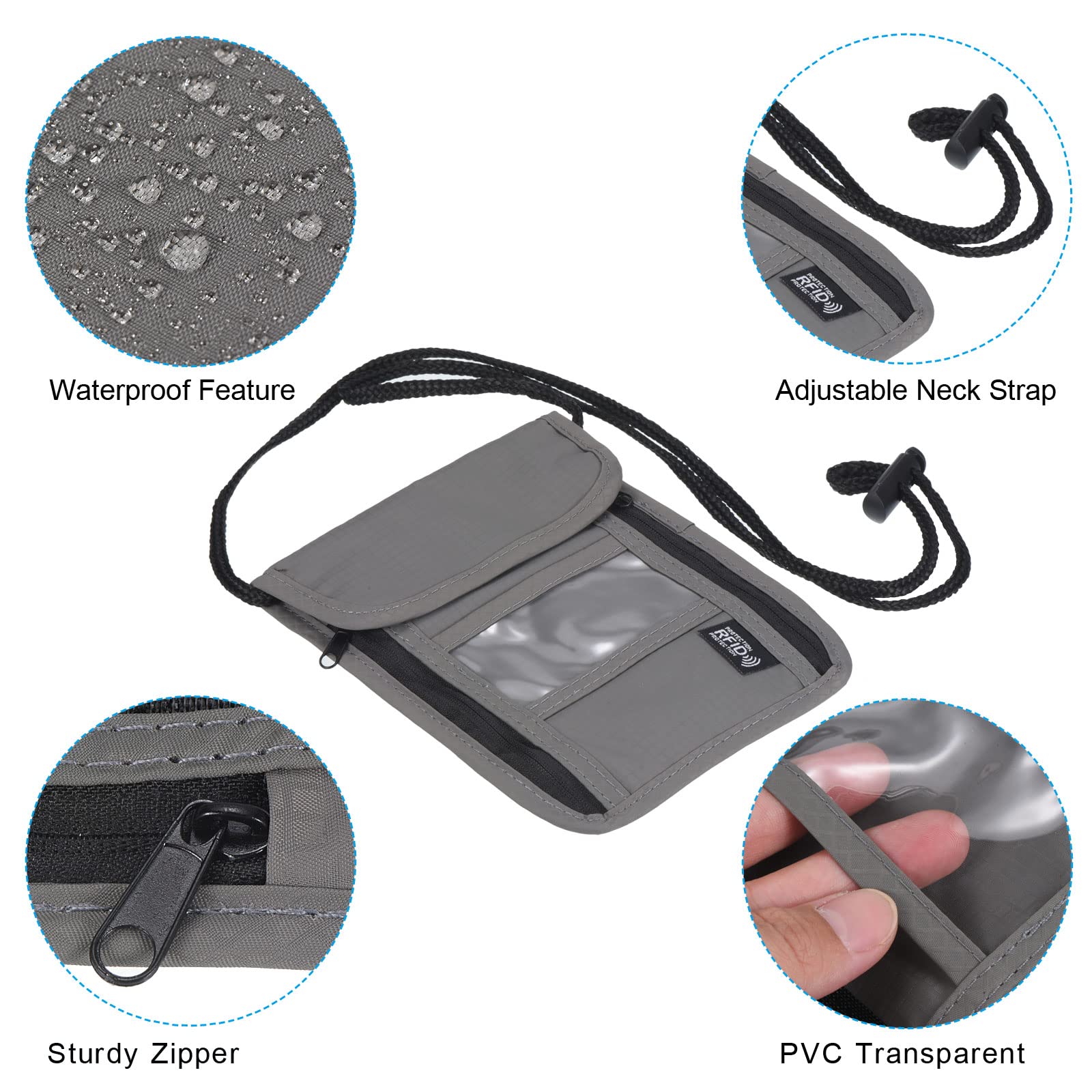 PATIKIL Collo Portafoglio Viaggio Borsetta, 2pz Passaporto Portafoglio RFID Blocco Impermeabile Collo Borsetta con Regolabile Cinturino per Donna e Uomo, Grigio