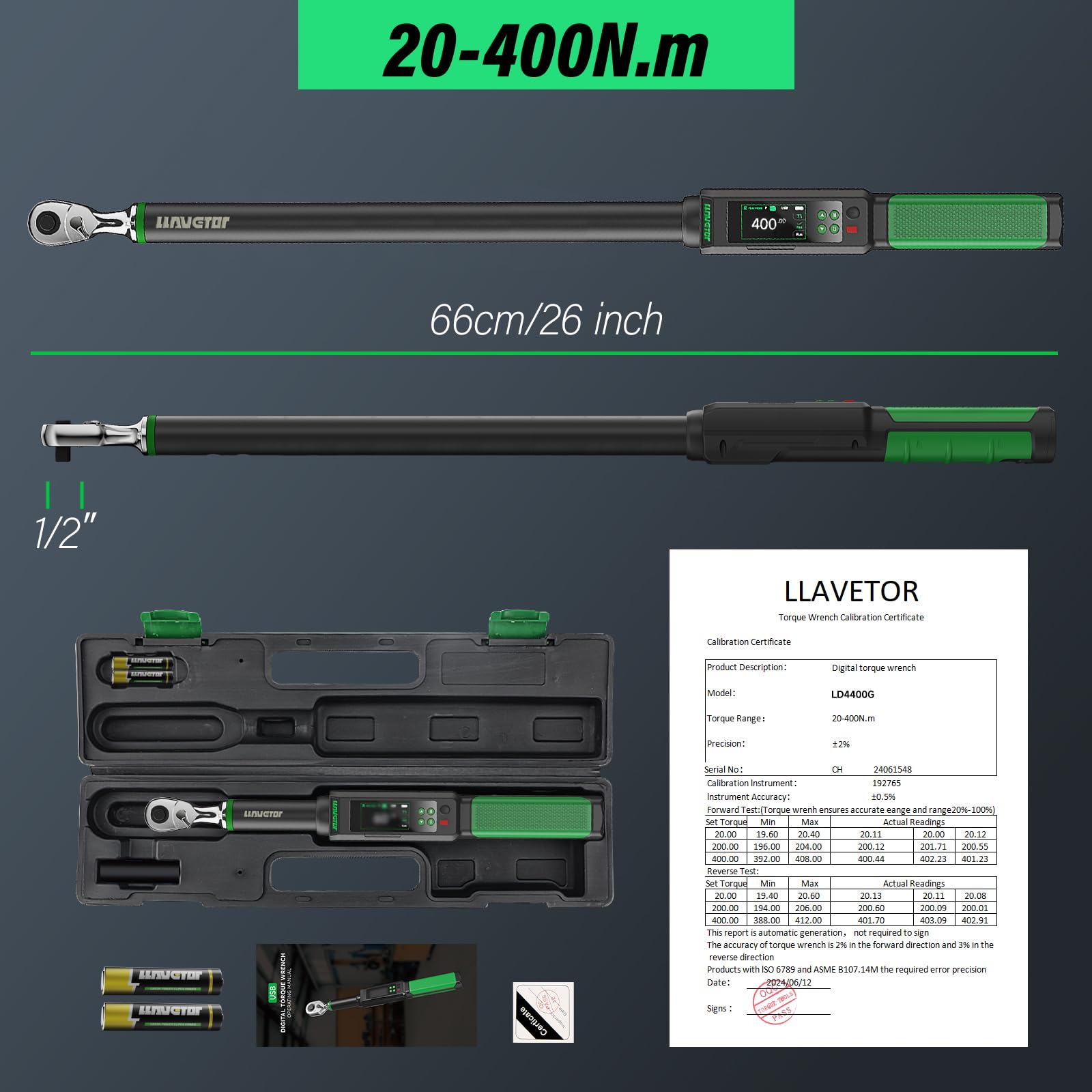 Chiave Dinamometrica Digitale 1/2, 20-400 N.m, ± 1% Chiave Dinamometrica con Suoneria e Display LED per Auto, Moto e Bici