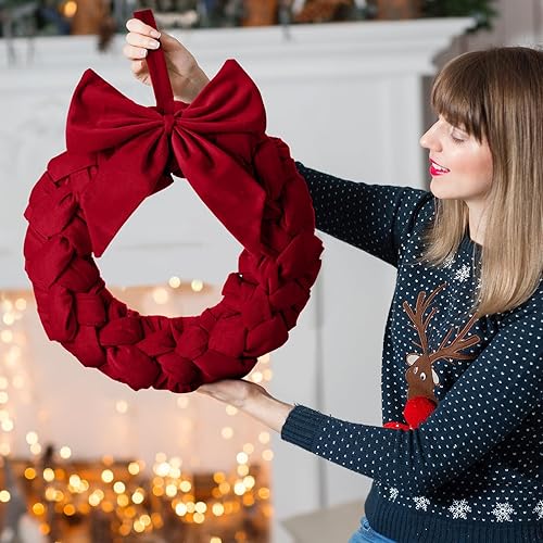 Miniatura 6 de Corona de terciopelo de Navidad de 14 pulgadas, coronas de Navidad para puerta delantera, adorno de corona de Navidad de terciopelo con lazo para