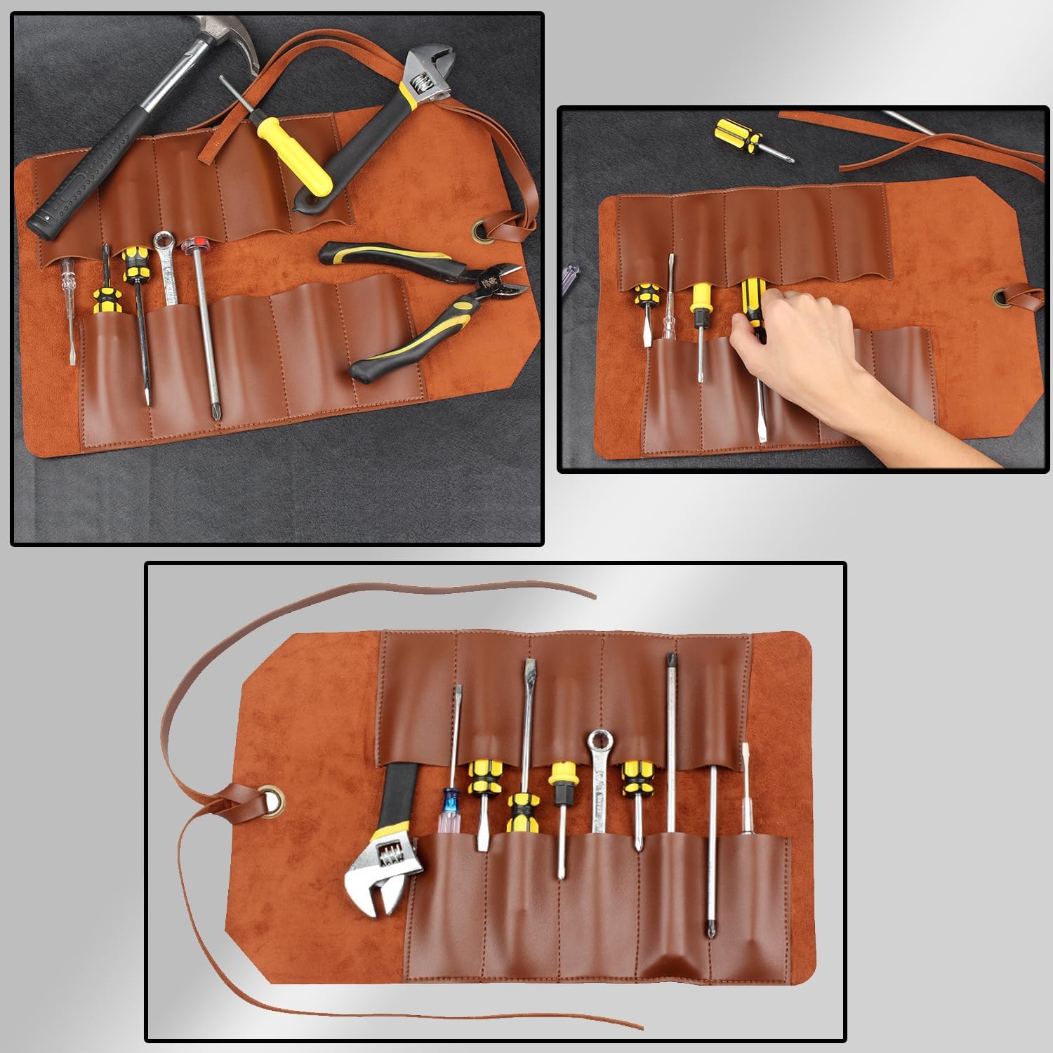 Pockets Portable Small Tool Pouch Tool Roll Bags Tool Roll Organizer Storage Bag Leather Tool Roll Up Pouch Leather Tool Bag