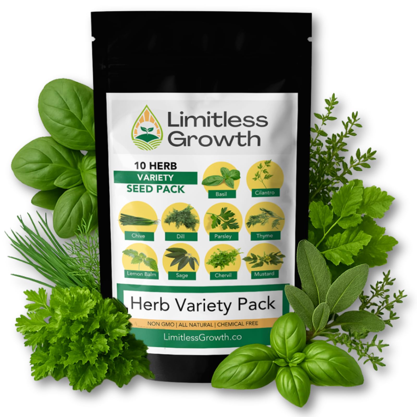 10 Herb Pack | Seeds for Planting: Culinary Herbs Collection | Indoor & Outdoor Garden Variety | Chervil Chive Cilantro Lemon Balm Mustard Sage Thyme Basil Parsley Dill | Limitless Growth