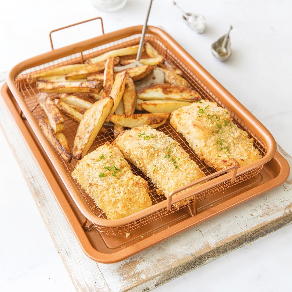 Copper Chef Copper Crisper Non-Stick Oven Baking Tray with Crisping Basket, 34 x 26 x 10 cm, 2 Piece Set