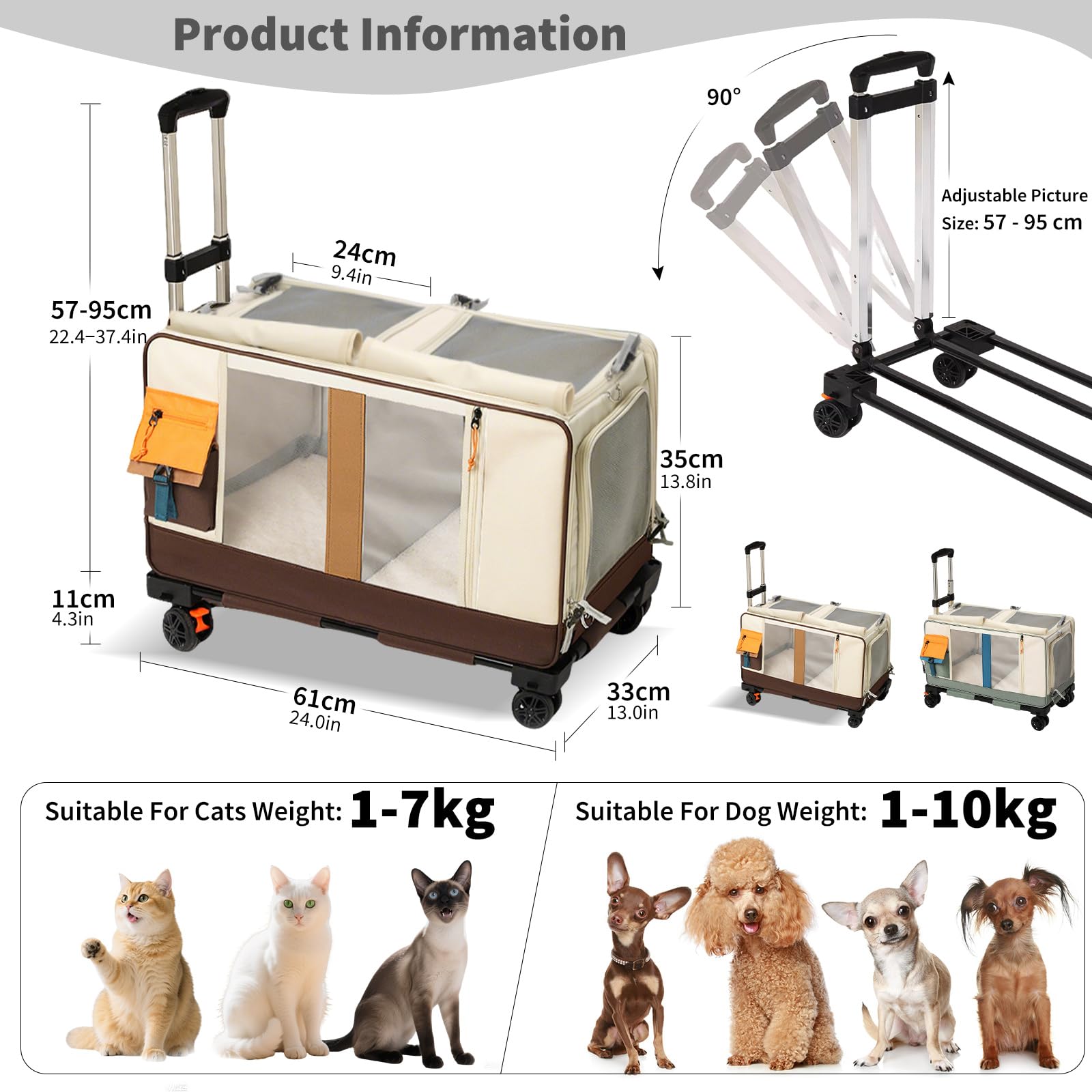 PETCUTE Haustier-Transporttasche mit Zwei Fächern und Abnehmbaren Rädern,Atmungsaktiv,Katzentrage für 2 Katzen,Faltbare Tragetasche mit Rollen für 2 Katzen/Hunde,für Reisen/Spazierengehen/Camping