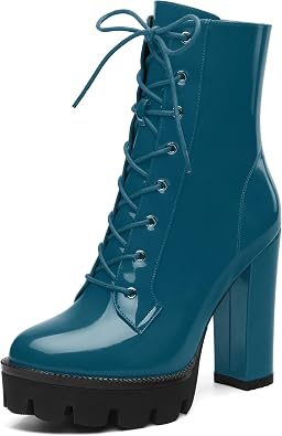 Womens Platform Ankle Boots, Round Toe High Chunky Heel Ankle Booties for Women, Lace Up High Heel Ankle Boots 4.5"