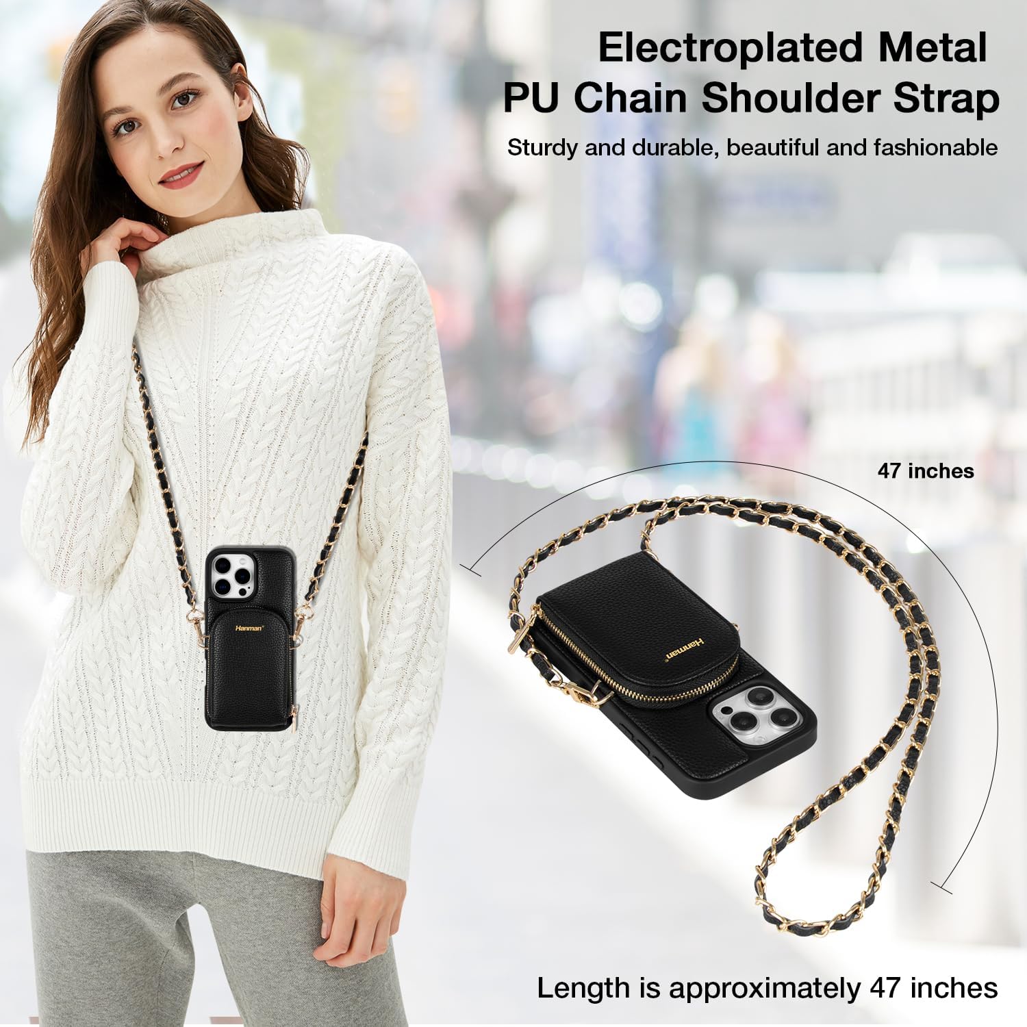 Hanman Crossbody Wallet Case for iPhone 16 Pro Max,RFID Blocking PU Leather Zipper Handbag Purse Cover Suitable for iPhone 16 Pro Max,Leather Wallet Case for Woman & Girls-Black - Image 4