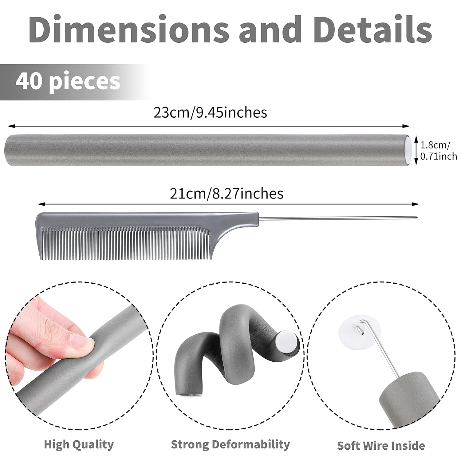 Elcoho 40 Pieces 9.45 x 0.71 Inch Flexible Curling Rods No Heat Hair Rollers Hair Curlers Set , 2 Comb, 1 Satin Bonnet, 1 Cosmetic Bag for Short Medium and Long Hair
