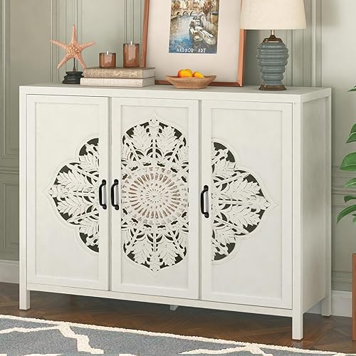 48"Accent Cabinet with 3 Doors, Farmhouse Sideboard Buffet Cabinet with Storage, Modern Credenza Storage Cabinet with Wood Carved Floral Doors for Living Room, Dining Room, Entryway, Hallway, Kitchen