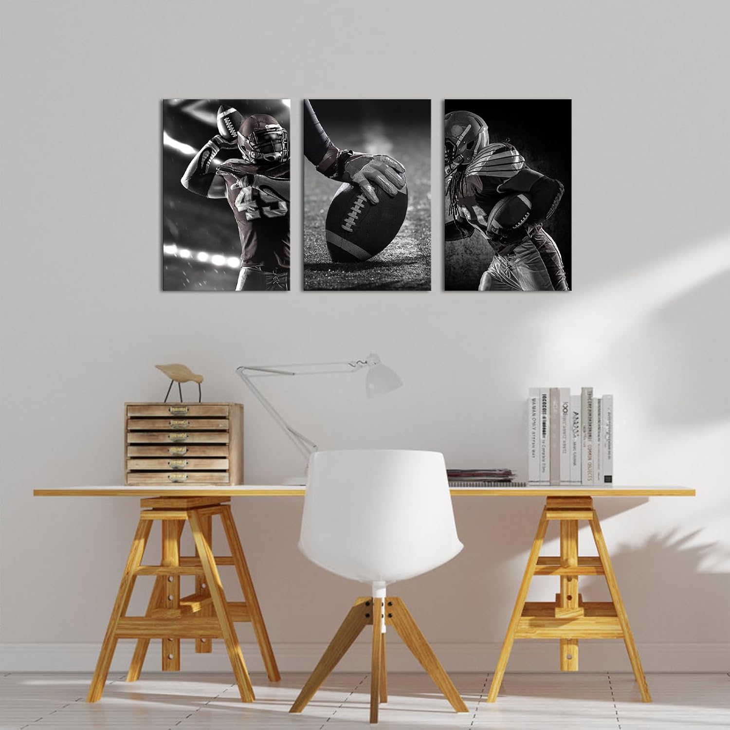 NutArtPic Sport Canvas Wall Art American Football Pictures Black White Gym Artwork Prints Framed for Bedroom Man Cave Boy's Bedroom Decor 24''x16''x3panels