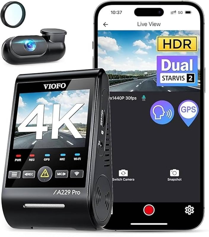 A229 Pro 4K HDR Dash Cam Front and Rear, Dual STARVIS 2 Sensors | 4K Front and 2K Rear, IMX678 & IMX675 sensors, 5GHz Wi-Fi, GPS, Voice Control, Buffered 24H Parking Mode, Night Vision 2.0