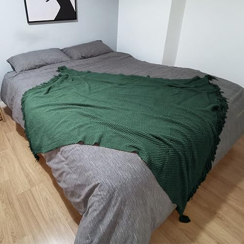 Miniatura 7 de LOMAO Manta de punto con borlas con textura de burbujas, manta ligera para funda de sofá, decoración del hogar (verde, 60 x 80 pulgadas)