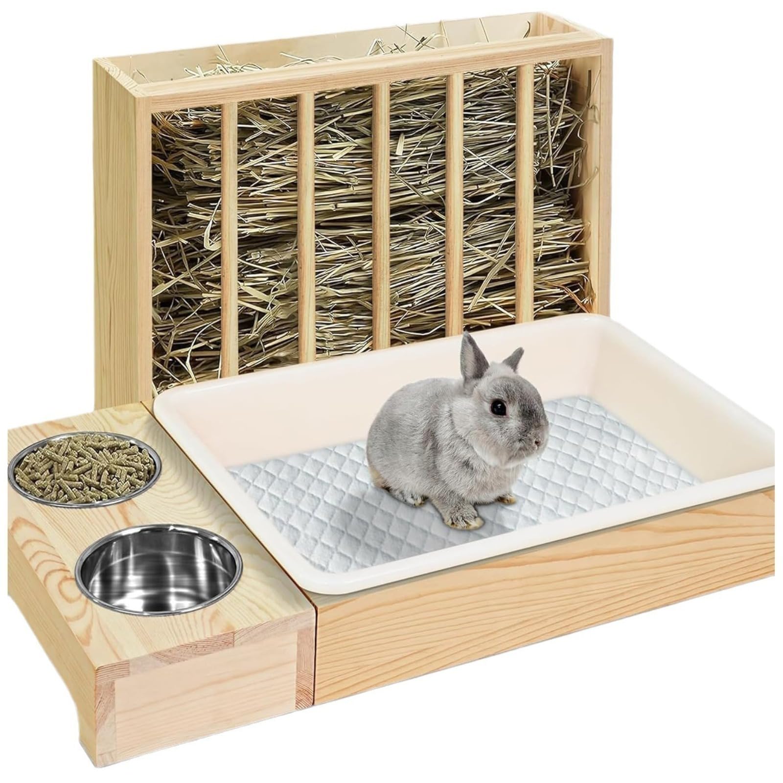 Litière 4 en 1 pour Petit Animal De Compagnie,mangeoire Lapin,Ratelier Foin À Foin en Bois pour Lapin, Hamster, Furet(Bois Massif)