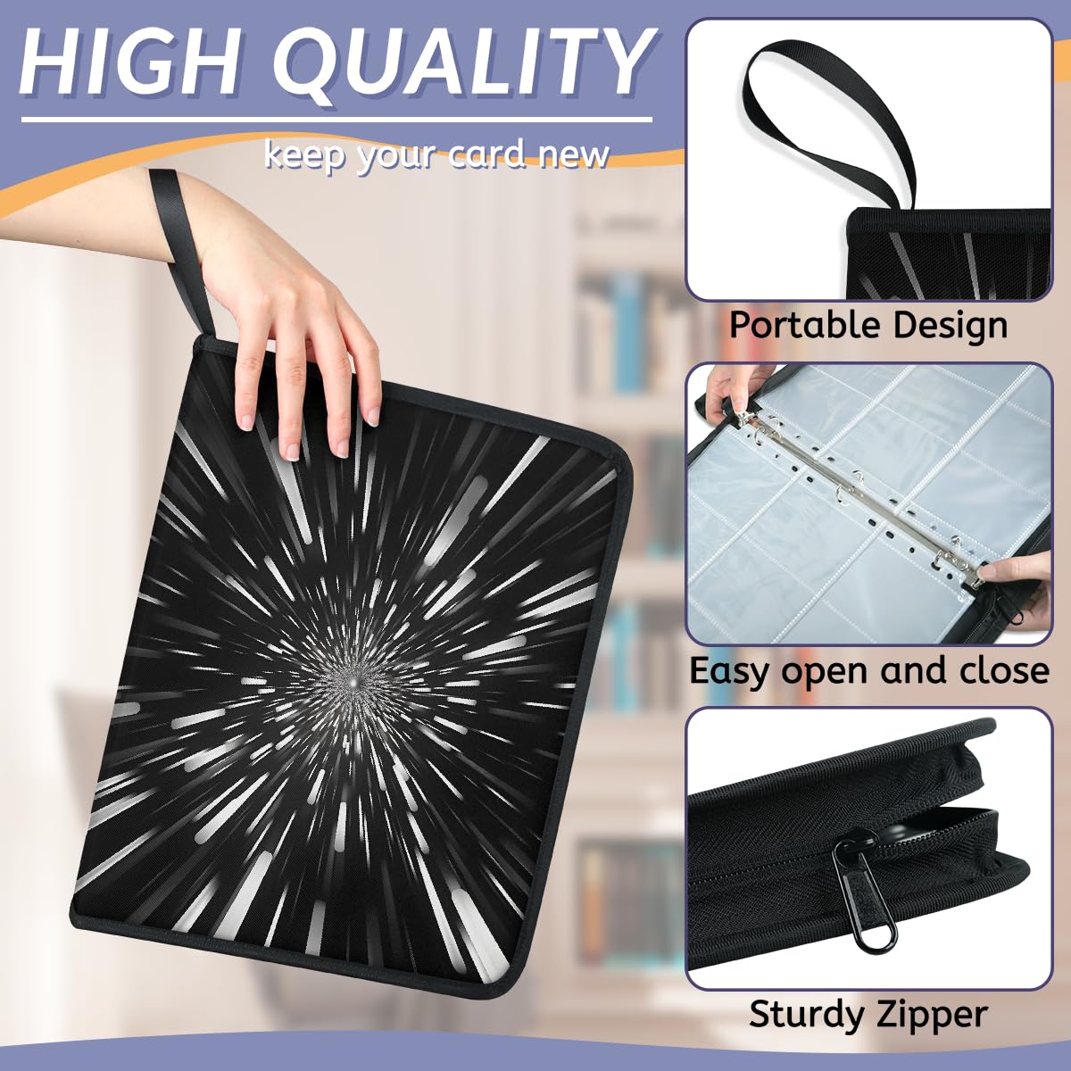 Raccoglitore per carte con 9 tasche, 900 tasche, con chiusura a cerniera (punto chiaro)