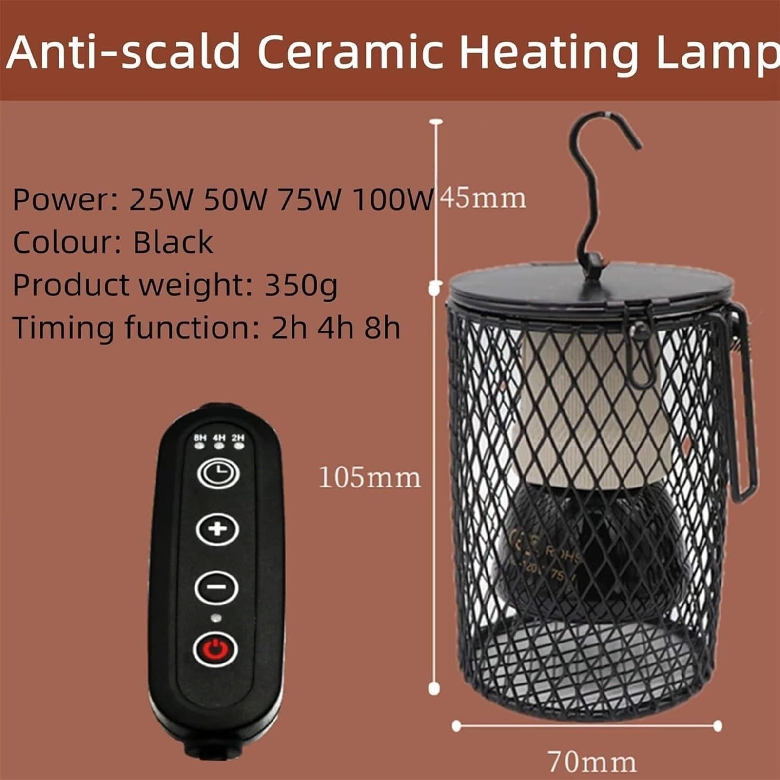Lámpara de calor de cerámica para perros, calentador de perrera para exteriores con temporizador y gancho antimordeduras, ideal para jaulas y jaulas (100 W)