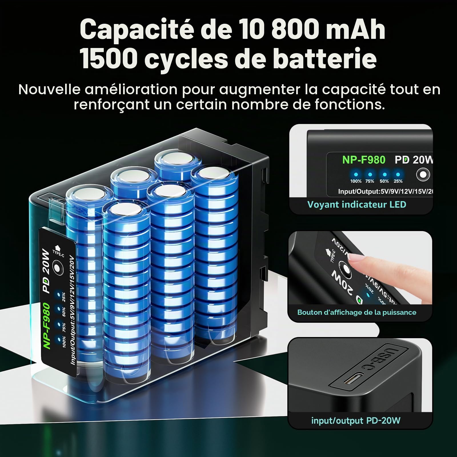 CITYORK 2 X 10800mAh NP-F980 Batterie, pour Sony NP-F980 F970 F975 F960 F930 F770 F750 F730 F570 F550 F530 F330 Toutes Les Battery NP-F, pour caméscopes Sony, Lampes vidéo LED[PD 20W/ USB Type C]