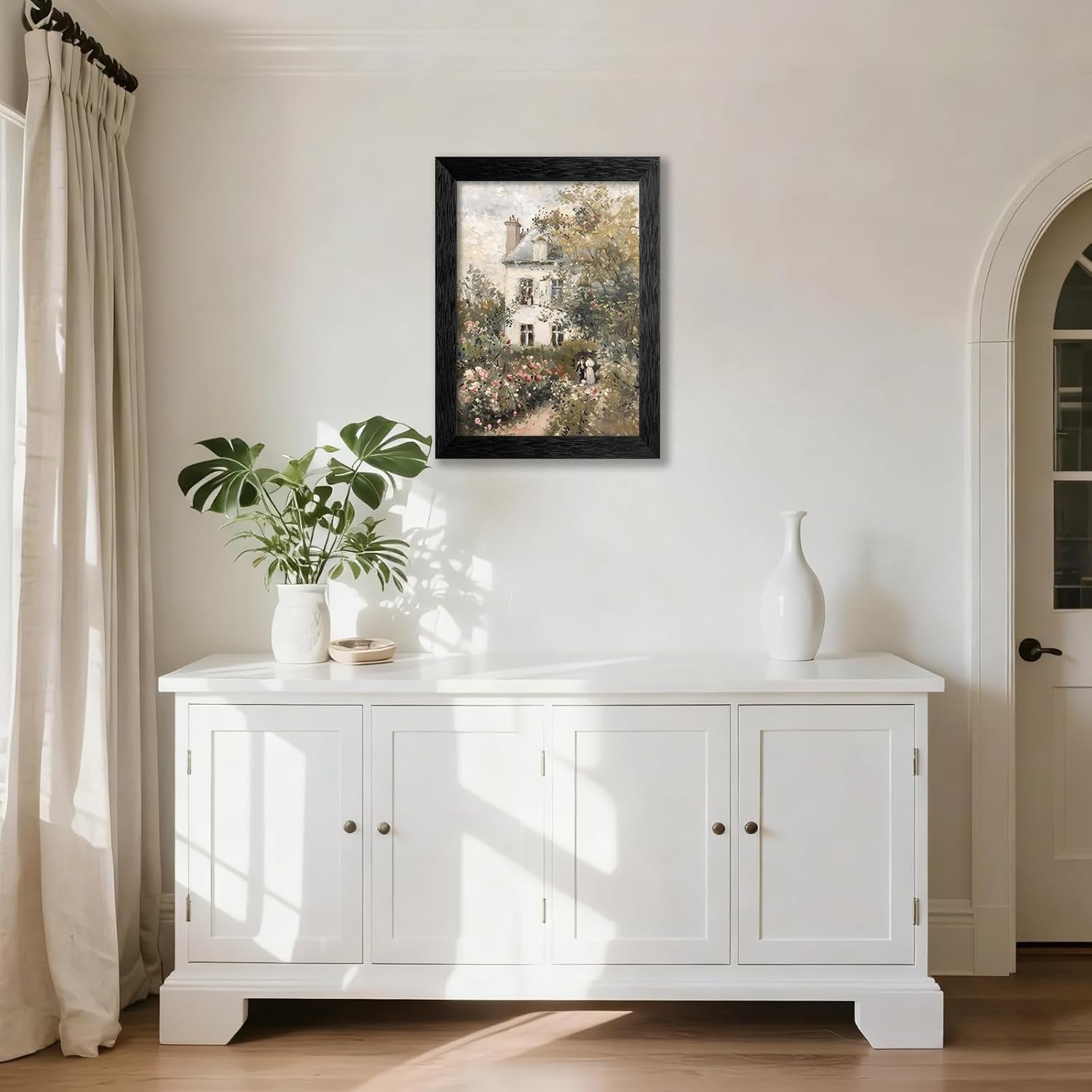 Rustic Spring Rose Garden Poster English Cottage Flower Canvas Wall Art Vintage Nature Botanical Oil Painting for Living Room Hallway Bedroom Office Decor 08x10 inch Black Framed