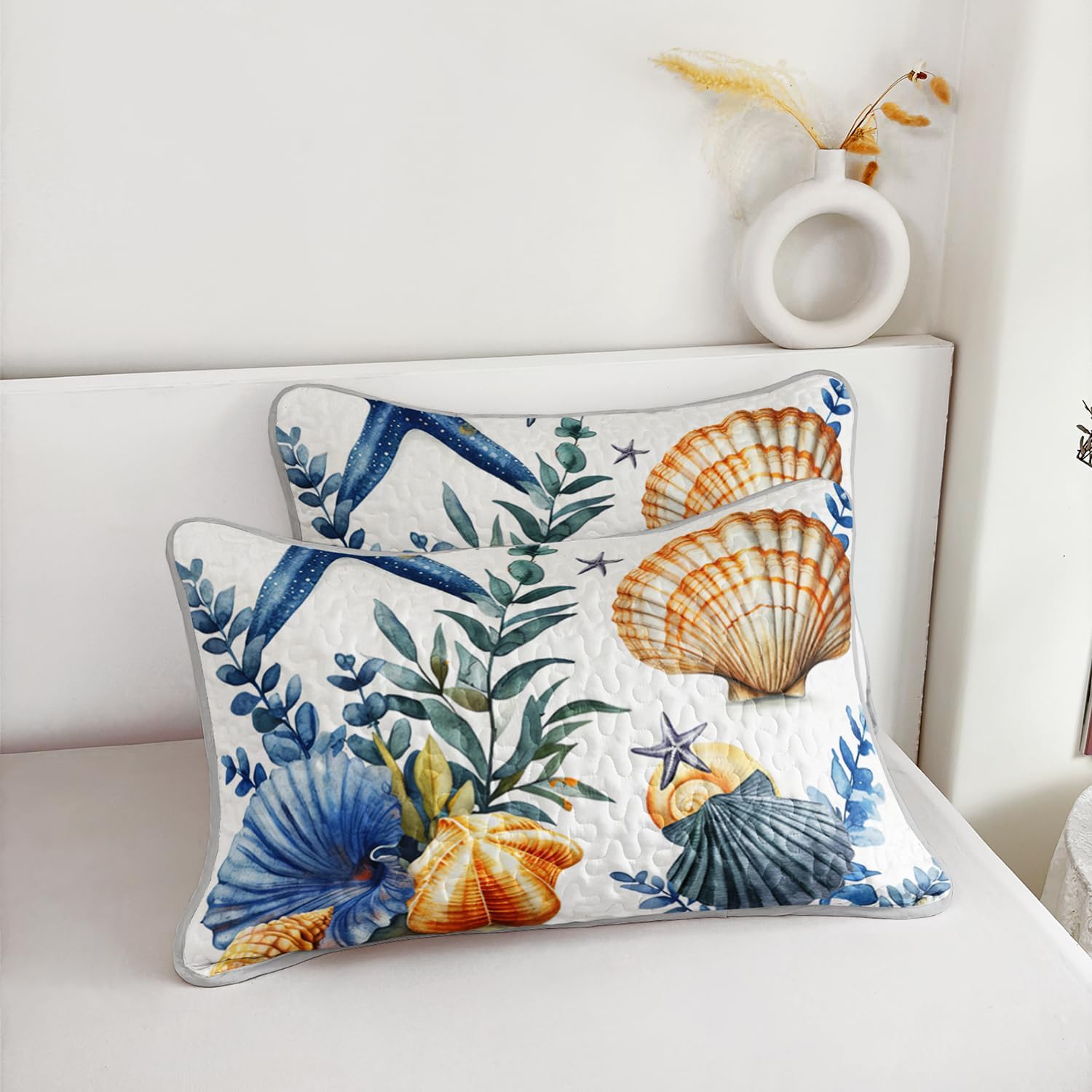 Summer Beach Quilted Set Starfish Seashell Conch Bedding Sets King Size,Ocean Beach Themed Quilt for Kids Girls Boys Room Decor,Lightweight Coastal Quilts with 2 Pillowcases.