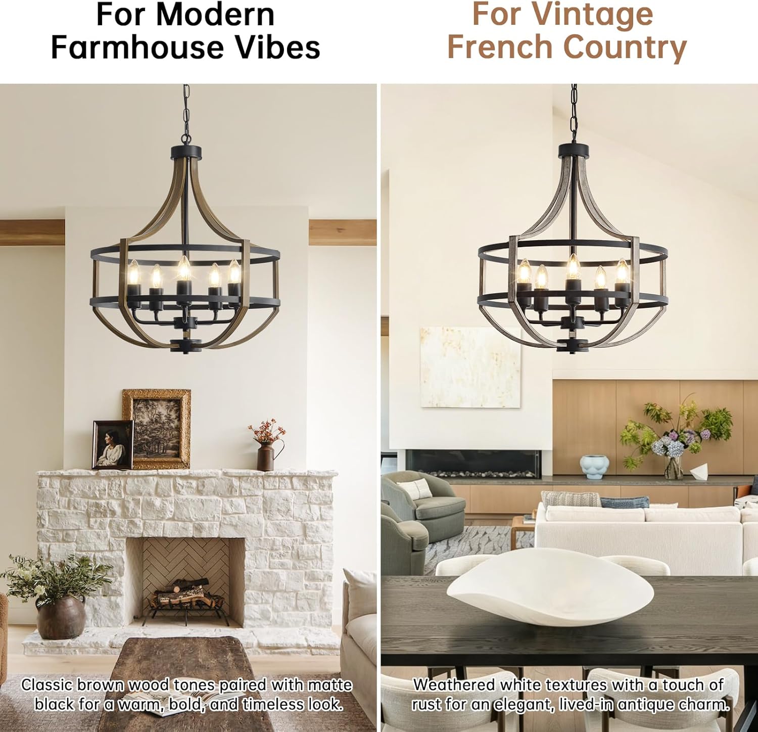 20" Farmhouse Chandelier for Dining Room, 5-Light Distressed White Faux Wood Pendant Light Fixtures, Antique Vintage Foyer Chandelier for Entryway Kitchen Island Living Room