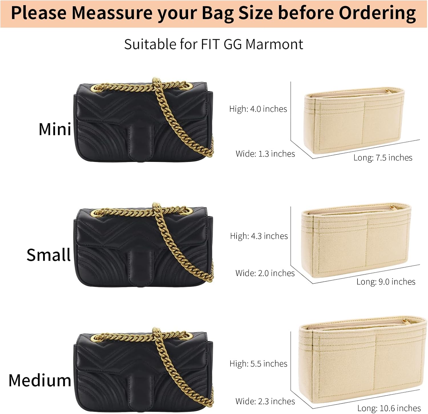 Felt Insert Purse Organizer with Zipper fit GG Marmont Matelasse Shoulder Bag, Organizer Handbag Tote Liner Pouch for Women Inner Bladder Bag Storage Bag (Mini, Beige) - Image 2