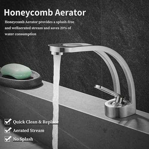 Miniatura 9 de Elegante grifo de lavabo de baño de un solo agujero, níquel cepillado hueco para fregadero de tocador de latón sólido, grifo de lavabo de una sola