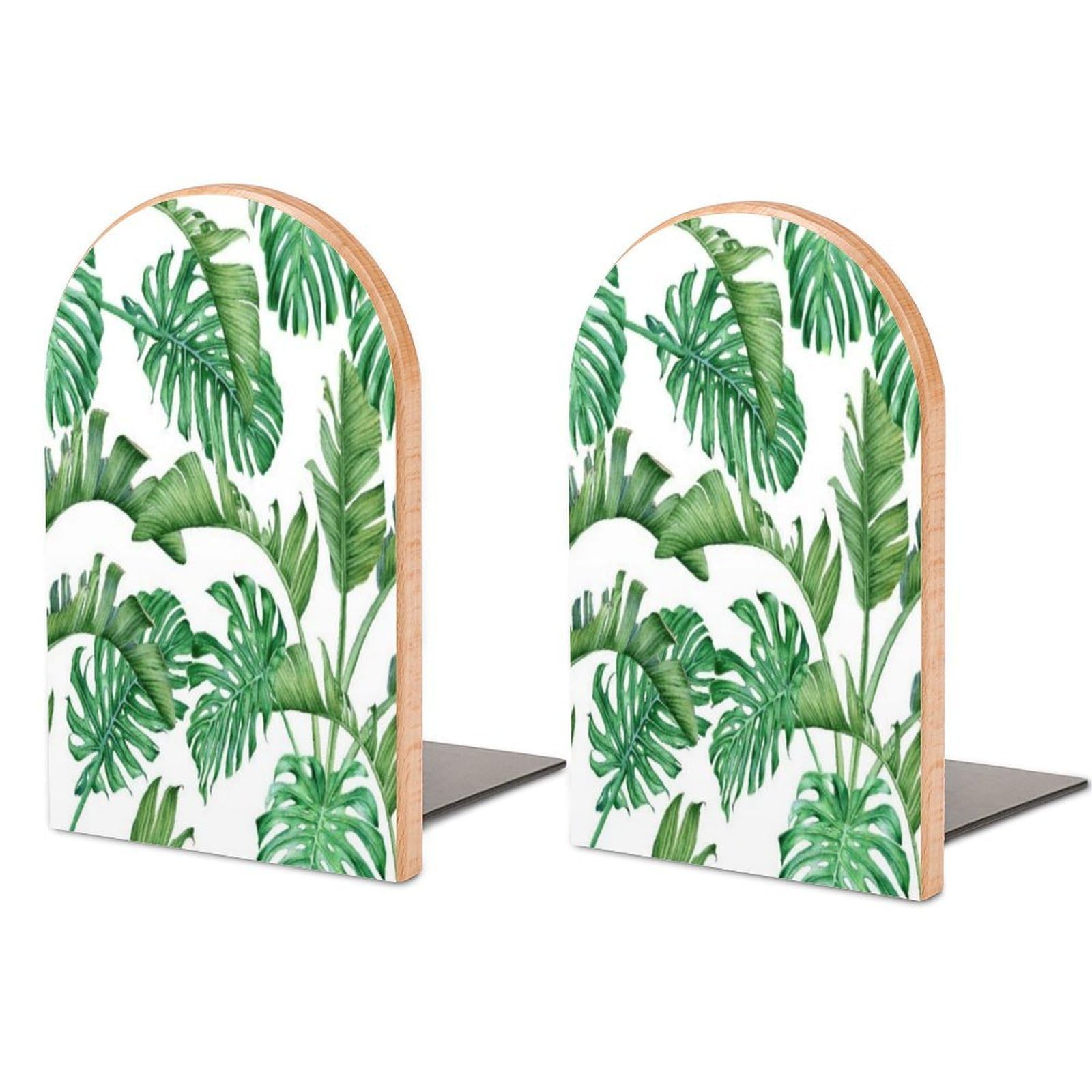 Palm Leaves and Monstera Rainforest Watercolor Beech Wood Bookends Heavy Duty Book Organizers Desktop File Holder for Office Home Bookshelf