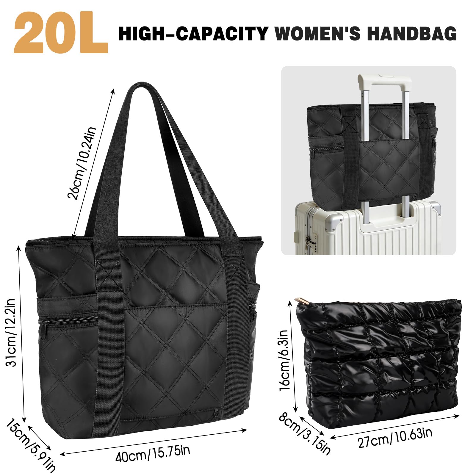 Borsa a Mano e Tracolla Donna, 15,7 Pollici Grande Puffy Tote Bag con Scomparto per Laptop e Borsa Piccola, da Viaggio Lavoro Università - Nero