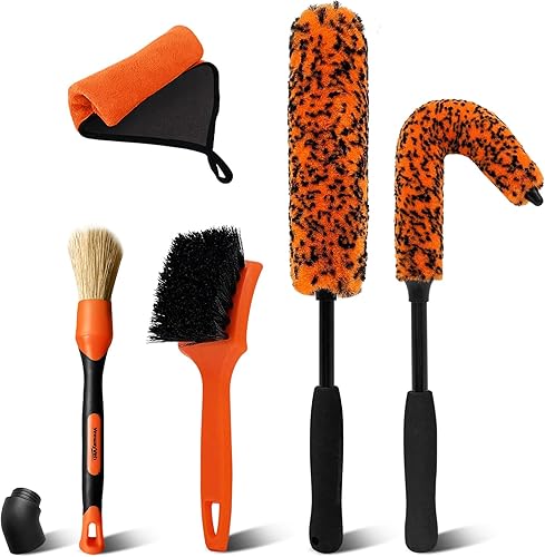 Miniatura 9 de Kit de cepillos para ruedas de automóvil, paquete de 3 cepillos limpiadores de neumáticos de mango largo sin arañazos y cepillo de detalles,
