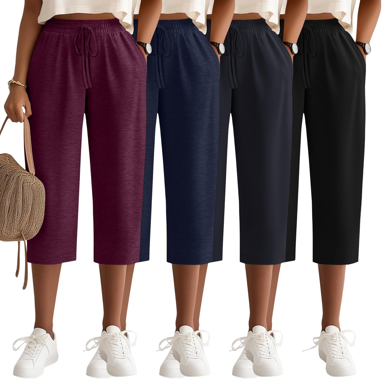 Neer 4 Pack Women's Capri Pants Wide Leg Yoga Capri Sweatpants Drawstring Summer Lounge Loose Fit Cropped Pants with Pockets