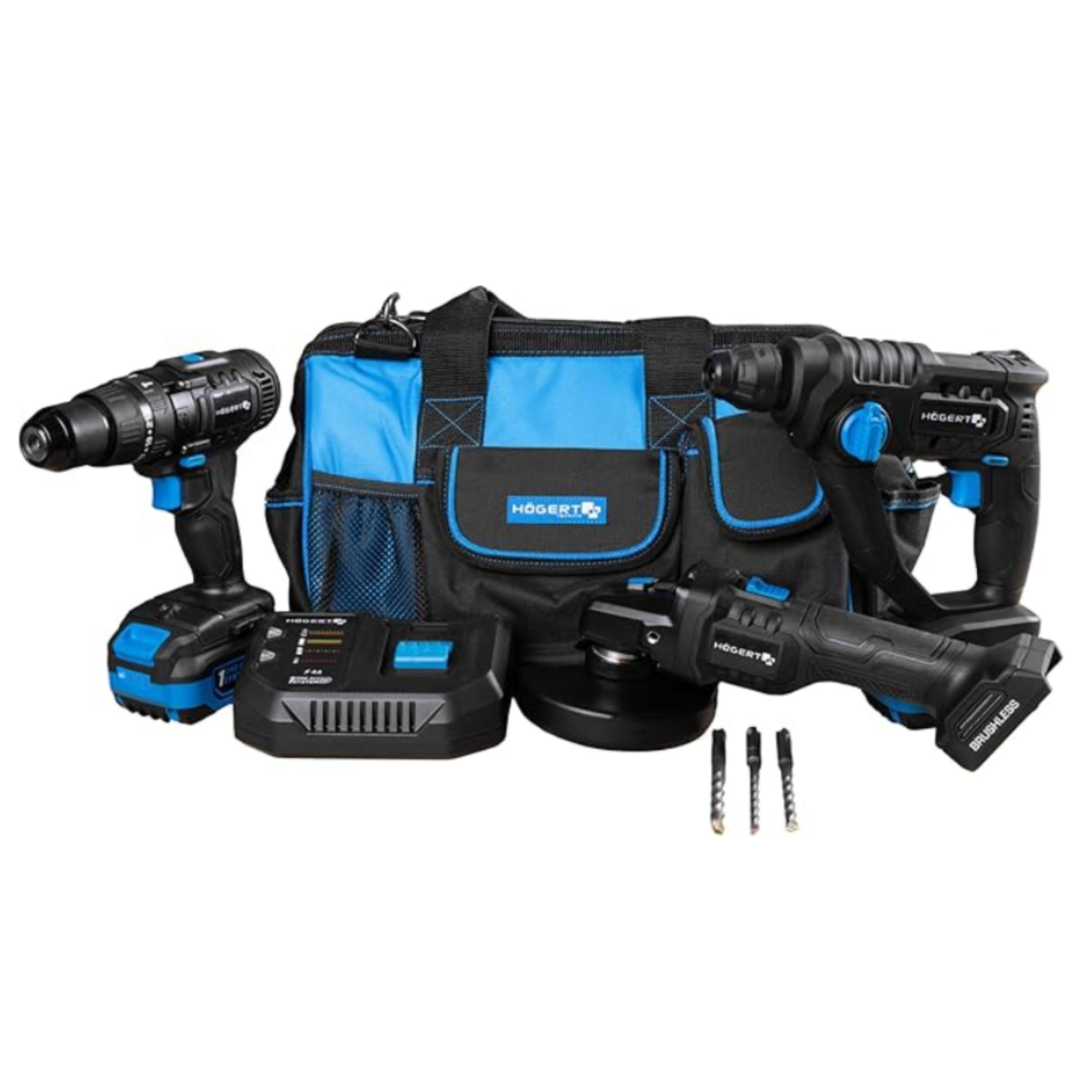 HÖGERT TECHNIK - Juego de herramientas eléctricas a batería 18 V Taladro percutor Martillo perforador SDS+ Amoladora angular 125 mm 2 baterías de 4 Ah Cargador de 4 A Juego de herramientas