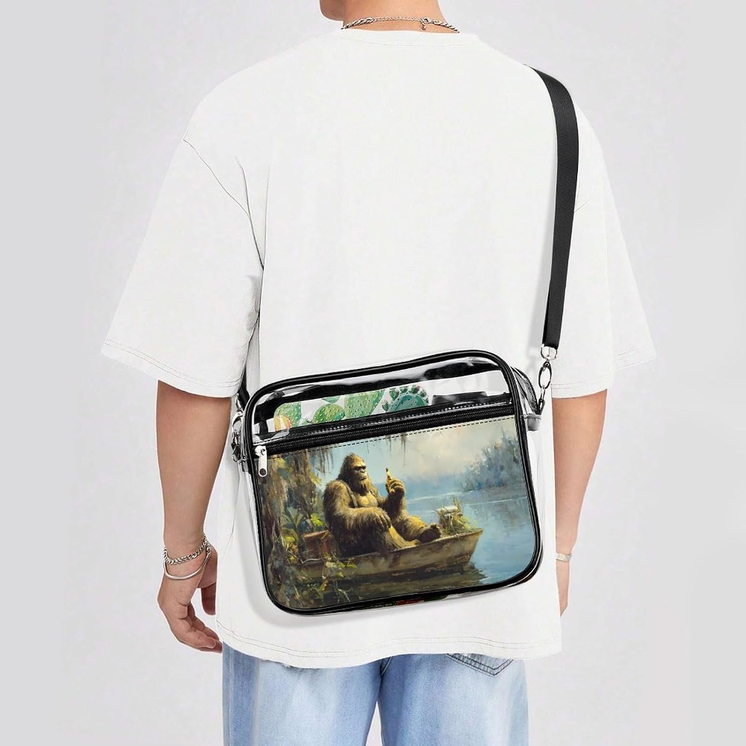 Bigfoot Drinking In Boat Clear Tote Bag Transparent Stadium Approved | crossbody,10*3.1*8.7",zippered closure,with adjustable strap