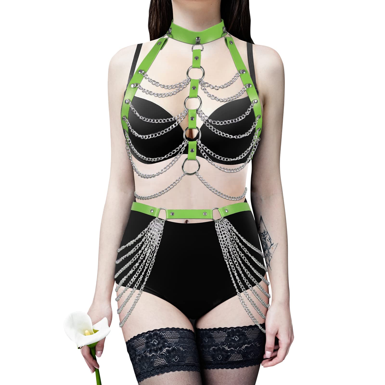 Punk warstwowe skórzane paski do pończoch z łańcuszkiem Zestaw uprzęży w klatce Choker Biustonosz Łańcuchy Gothic