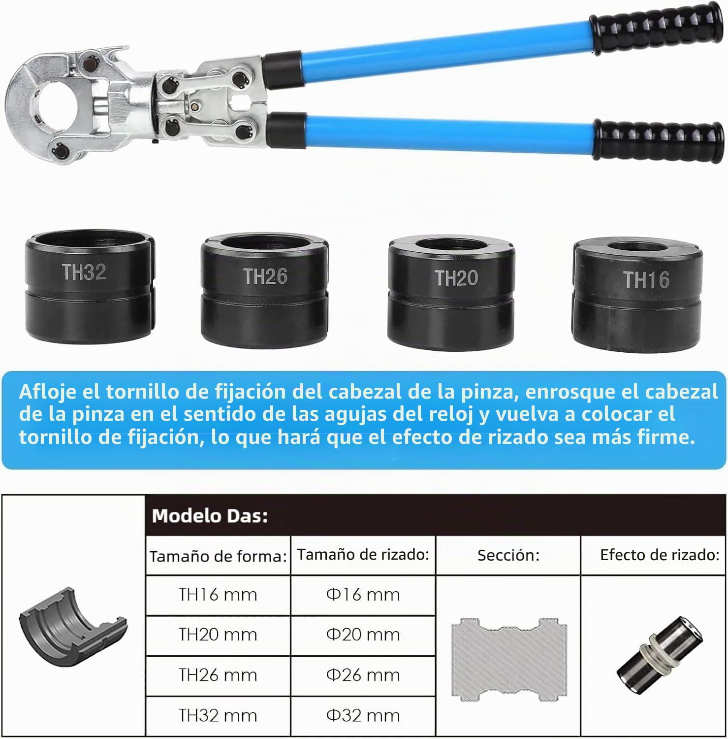 TLSUNNY Alicates Prensadores de Tuberías TH Manual,16-20-26-32 mm, 360°maquina multicapa, Prensa Multicapa,Mango Extensible, para Tubo PPR-,PEX-,PB-,PE-,PAP-Rohren,Aluminio-Plástico