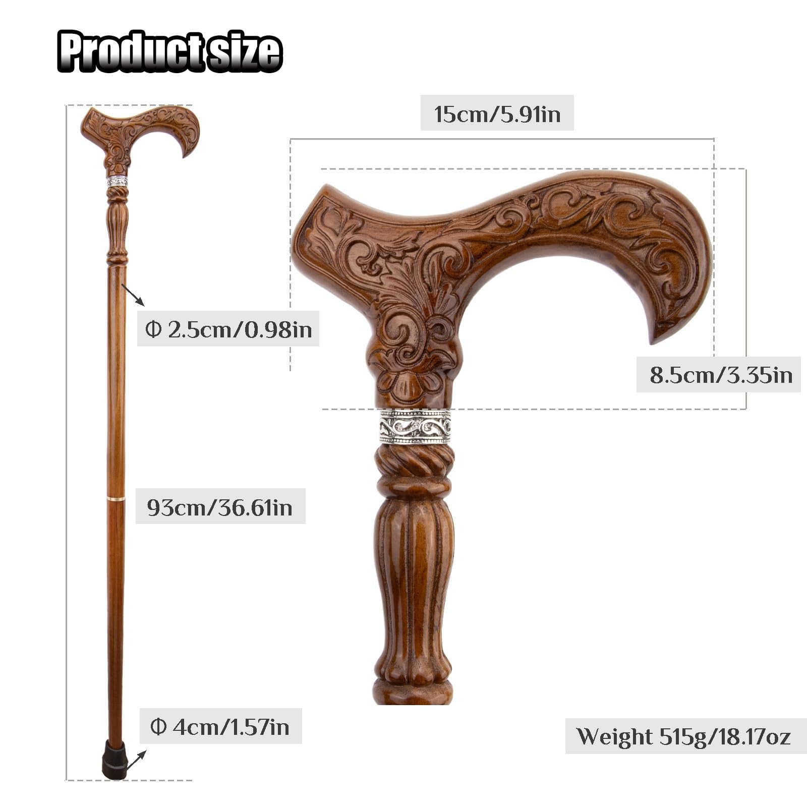 Kwiatowa brązowa drewniana modna laska do chodzenia, z gumową końcówką, dwuczęściowa, ergonomiczna, dla seniorów