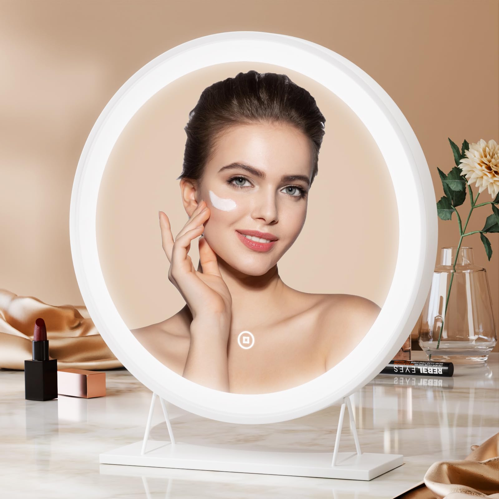 Heilmetz Espejo Maquillaje con luz, diámetro 40 cm, Blanco Redondo LED Espejo de Mesa, con Interruptor táctil, 3 Colores de luz, Regulable