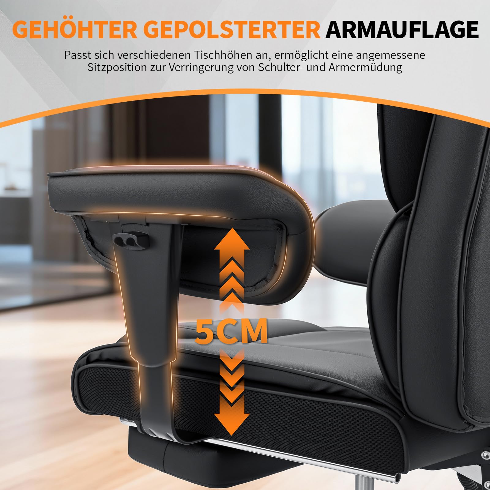 HOFFREE Ergonomischer Bürostuhl für schwergewichtige Personen bis 200kg – PU Leder Chefsessel mit Fußstütze, Hoher Rückenlehne, Verstellbaren Armlehnen und Lendenwirbelstütze in Schwarz