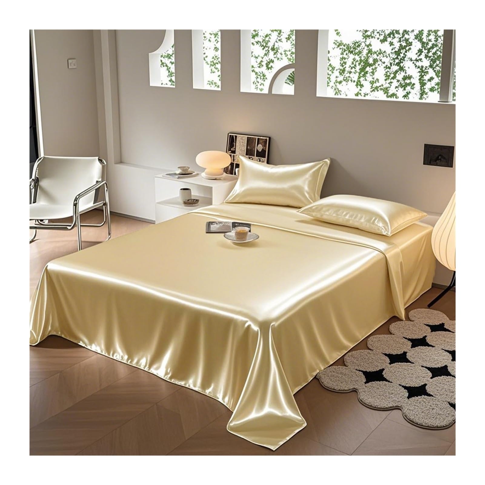 Sabanas encimeras de satén 170x230cm 230x250cm 250x250cm Ropa de Cama Suave y de Lujo sábana Plana Sedosa refrescante for el Cabello y la Piel(Yellow,250x250cm+48x74cm x2)