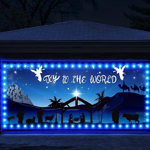 Bandera de Navidad para puerta de garaje al aire libre, 7 x 16 pies, diseño religioso azul de Jesús, decoración de fondo grande de Navidad con tira