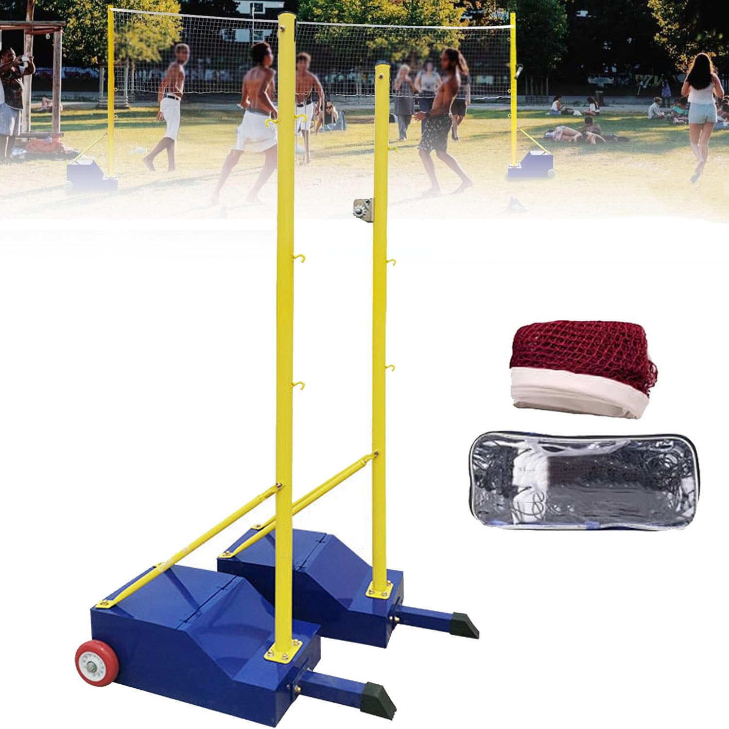 Filet de volleyball et badminton réglable avec cadre à roulettes et base stable pour sports d'intérieur et d'extérieur
