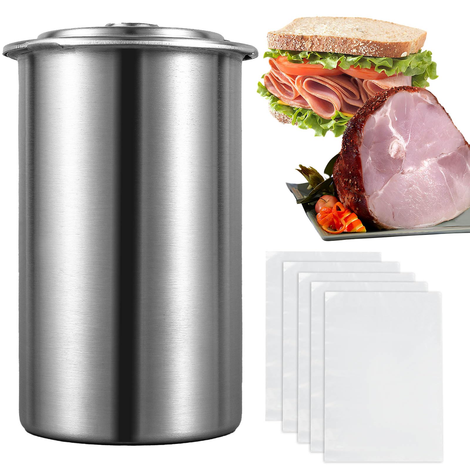 Shaojian Silver Ham Maker Meat Press With Thermometer 304 Stainless Steel Meat Press Cooker With 5 Food Zipper Bagsmultifunctional Round Shape Deli Meatpress For Pork Beef Lamb Poultry