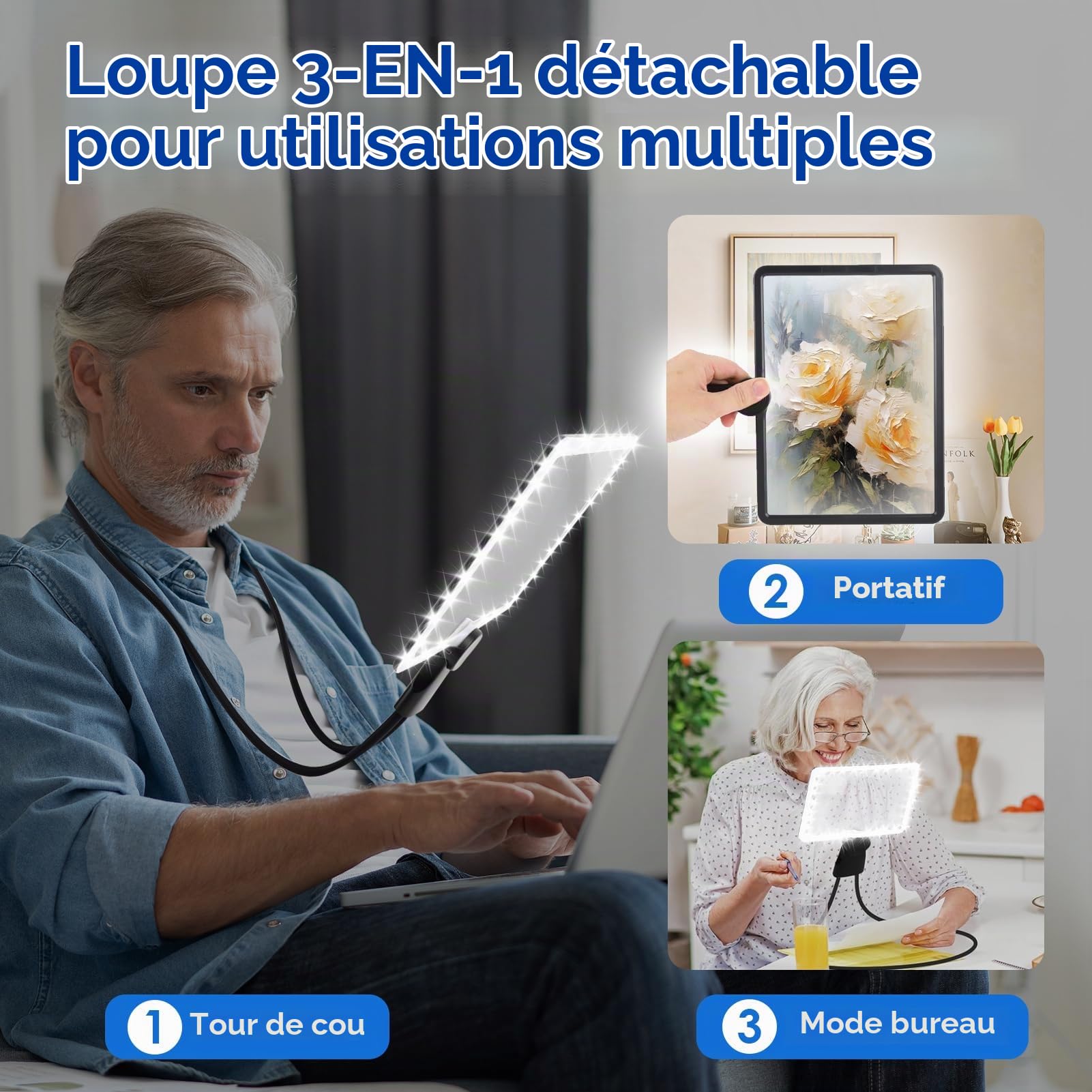 5X Grande Loupe de Lecture avec 50 Lumières LED, Rechargeable Lampe Loupe Mains Libres avec Col de Cygne Flexible, Lentille en Acrylique de 9,5 X 7 in, Parfaite pour Lecture, Réparations, Couture